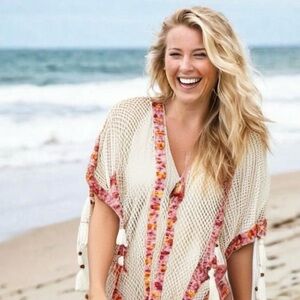 Colorful Trim Woven Open Front Cover Up or Versatile Lightweight Layering Piece